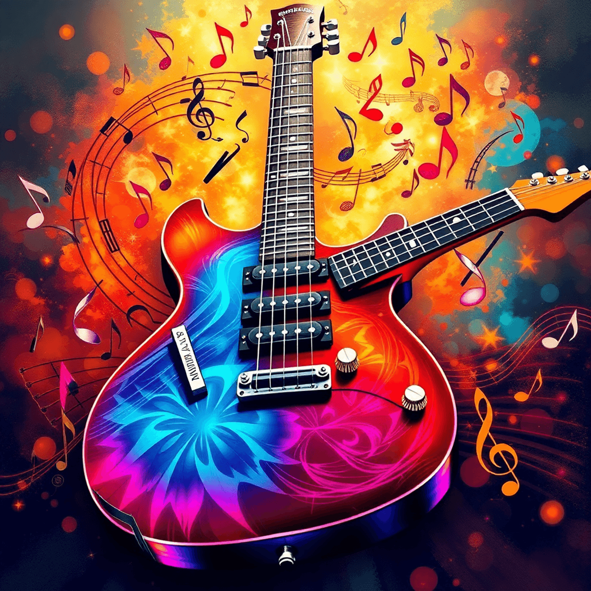 Best Guitarists of All Time: Legends Who Shredded Their Way to Fame 2 A vibrant electric guitar surrounded by colorful musical notes and symbols, capturing the energy and creativity of various music genres- Best Guitarists of all Time