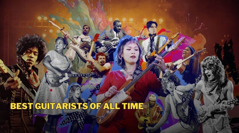 A vibrant collage featuring the best guitarists of all time, including Jimi Hendrix, Sister Rosetta Tharpe, Eddie Van Halen, and others from diverse genres like rock, blues, jazz, and country, showcasing their influence on music history.