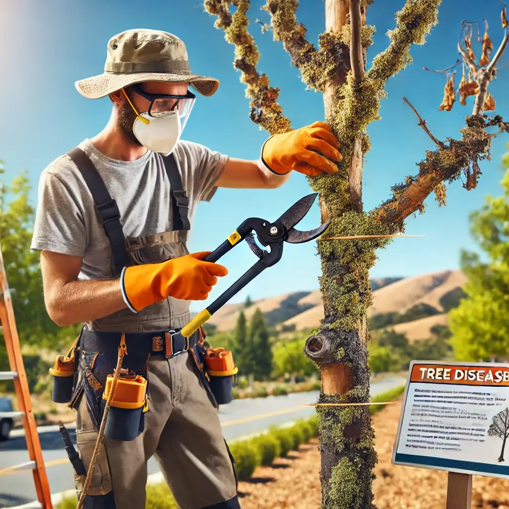 How to Take Care of Tree Diseases in California: A Comprehensive Guide 2 A professional arborist demonstrating how to take care tree diseases in California by removing infected branches.
