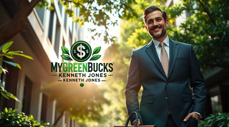 Professional man in a suit with Mygreenbucks Kenneth Jones logo, symbolizing sustainable finance and financial freedom in a green urban setting.