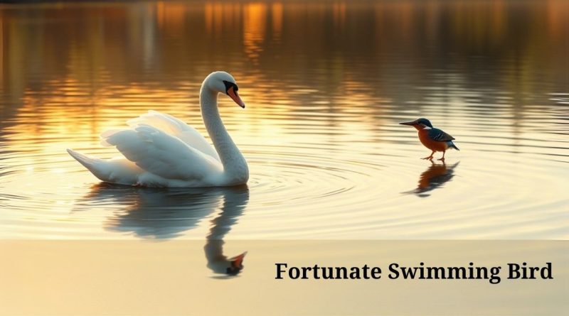 What is a Fortunate Swimming Bird? A serene image of a swan and a small bird floating on a calm lake at sunset.