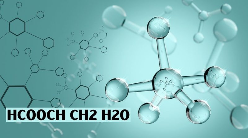 Molecular structure illustration of HCOOCH CH2 H2O, also known as 2-formyloxyethanol, with chemical bonds and atoms on a blue background.